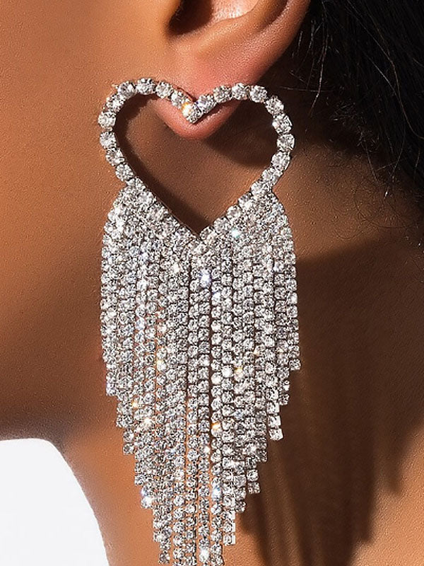 Rhinestone Heart Tassel Drop Earrings