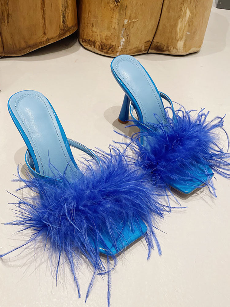 Feather Fur High Heel Mules