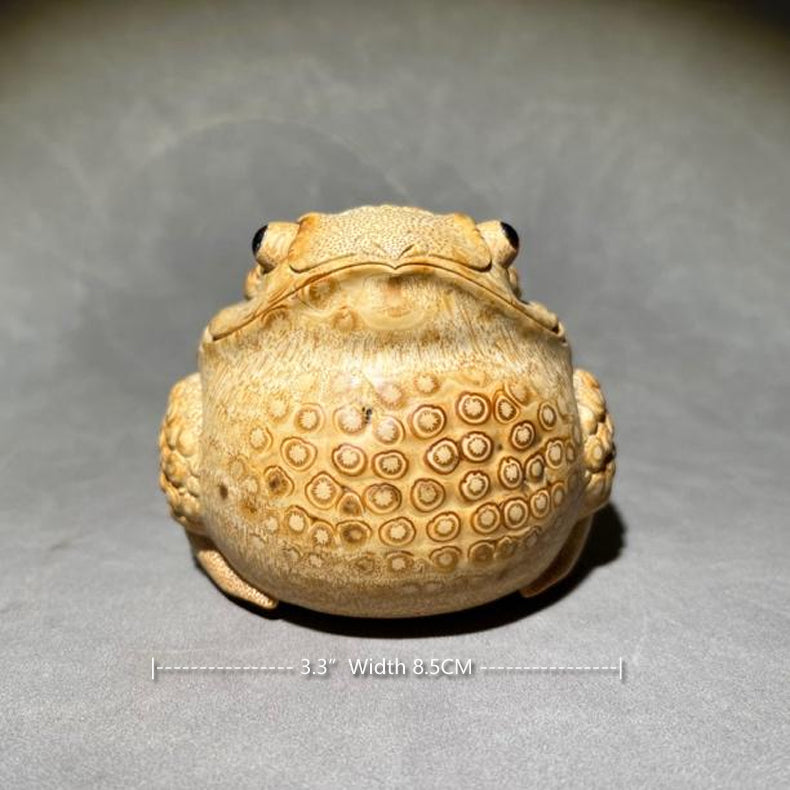 2.8” Purely Handmade Carved Bamboo Root Toad, Eagle Beak, Live Eyes and Three Legs, Artwork Specifications-2