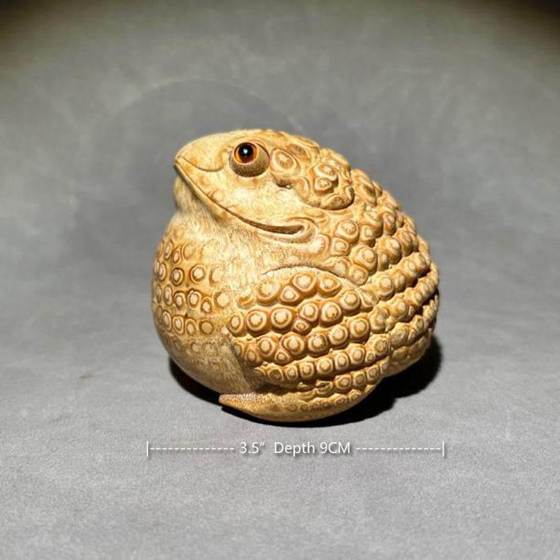 2.8” Purely Handmade Carved Bamboo Root Toad, Eagle Beak, Live Eyes and Three Legs, Artwork Specifications-3