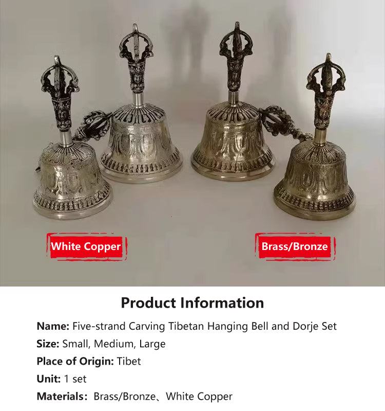 Five-strand Carving Tibetan Hanging Bell and Dorje Set, Handmade of White Bronze for Sale, Product details introduction