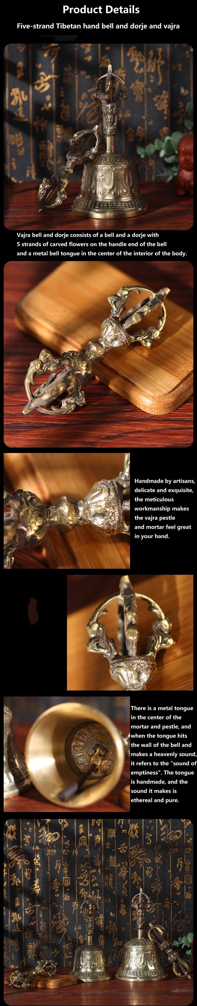 Five-strand Carving Tibetan Hanging Bell and Dorje Set, Handmade of White Bronze for Sale, Product details introduction -2