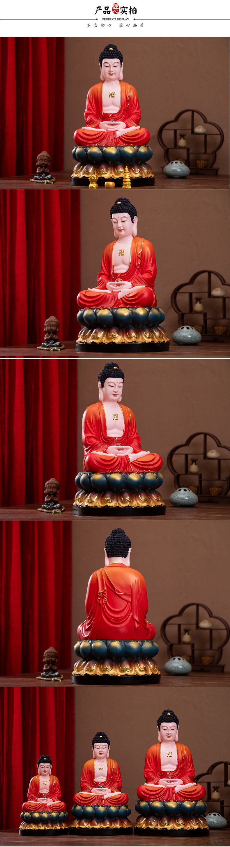 Seated Shakyamuni Buddha Statue for Home, Red Clothes Resin Material, Offerings Product Detail Statement-3