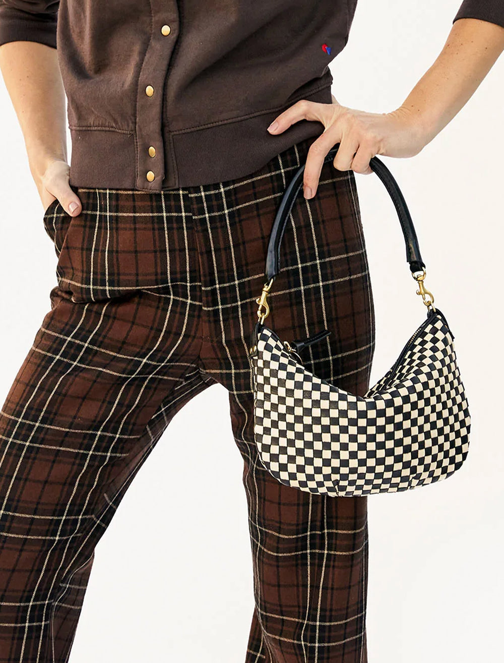 Clare V. Midi Sac Black & Natural Woven Checker