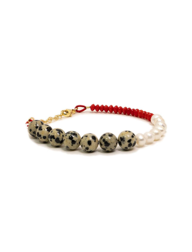 3/4 view of kris nations jaspar, pearl and red shell bracelet