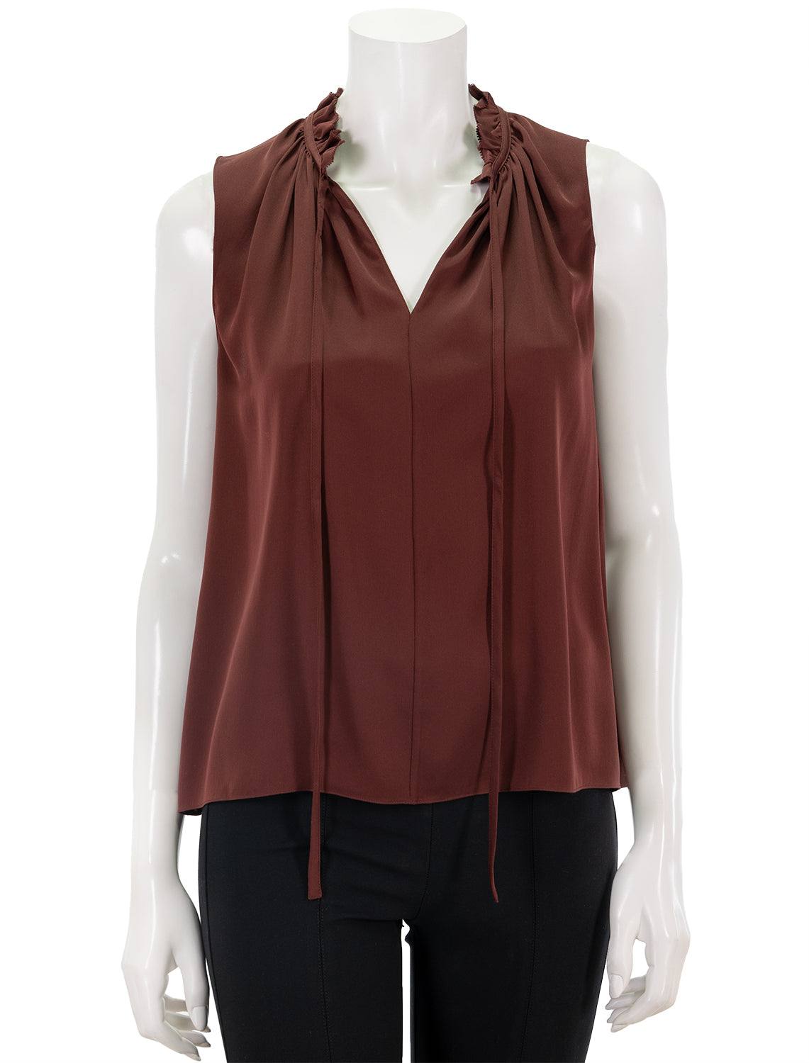 Front view of Theory's tie neck shell tank in oxblood.