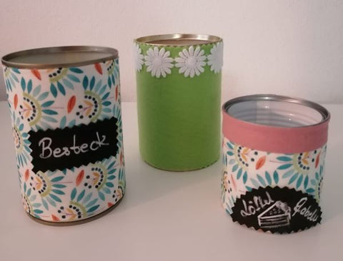 Upcycling Konservendosen mit Stoff beziehen. als nachhaltiges preisgünstiges Geschenk,  oder als Idee für den Kindergeburtstag