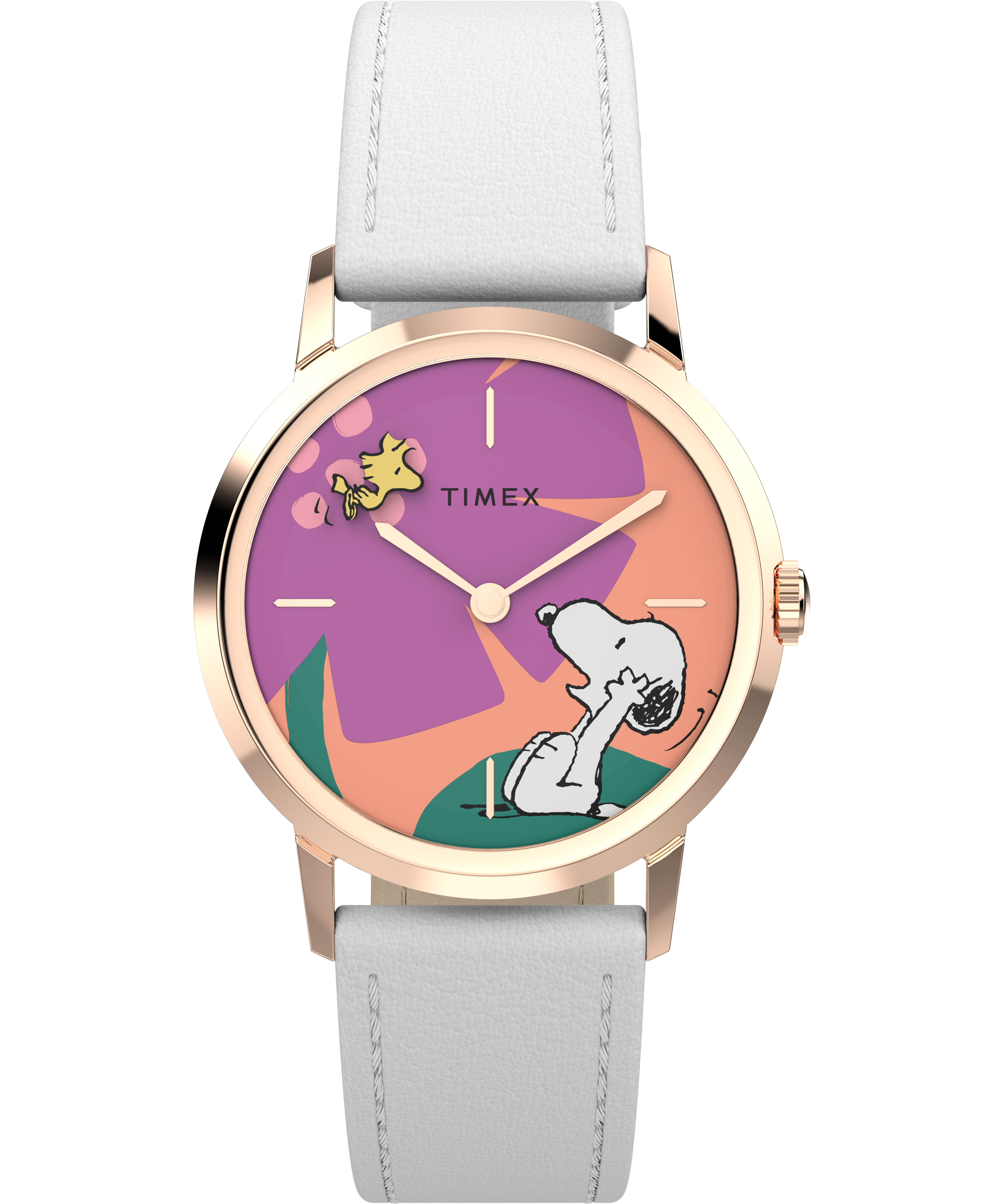 Image of Marlin Handwind 34mm Rose Gold-tone Case Snoopy Floral Dial White Strap