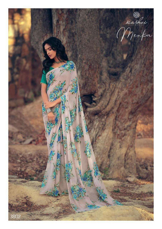 Buy Sea Green Floral Print Saree Online in the UK @Mohey - Saree for Women