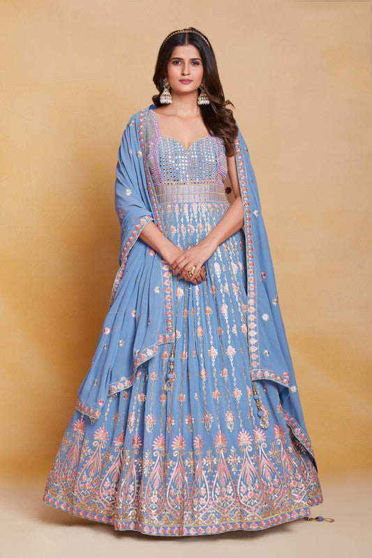 Dark Blue & Sky Blue Coloured Faux Georgette With Rich Digital