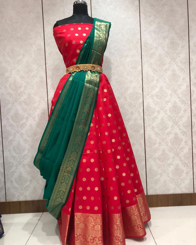 Red color Timeless Symphony in Kanchipuram Pattu Lehenga – kalkinaari