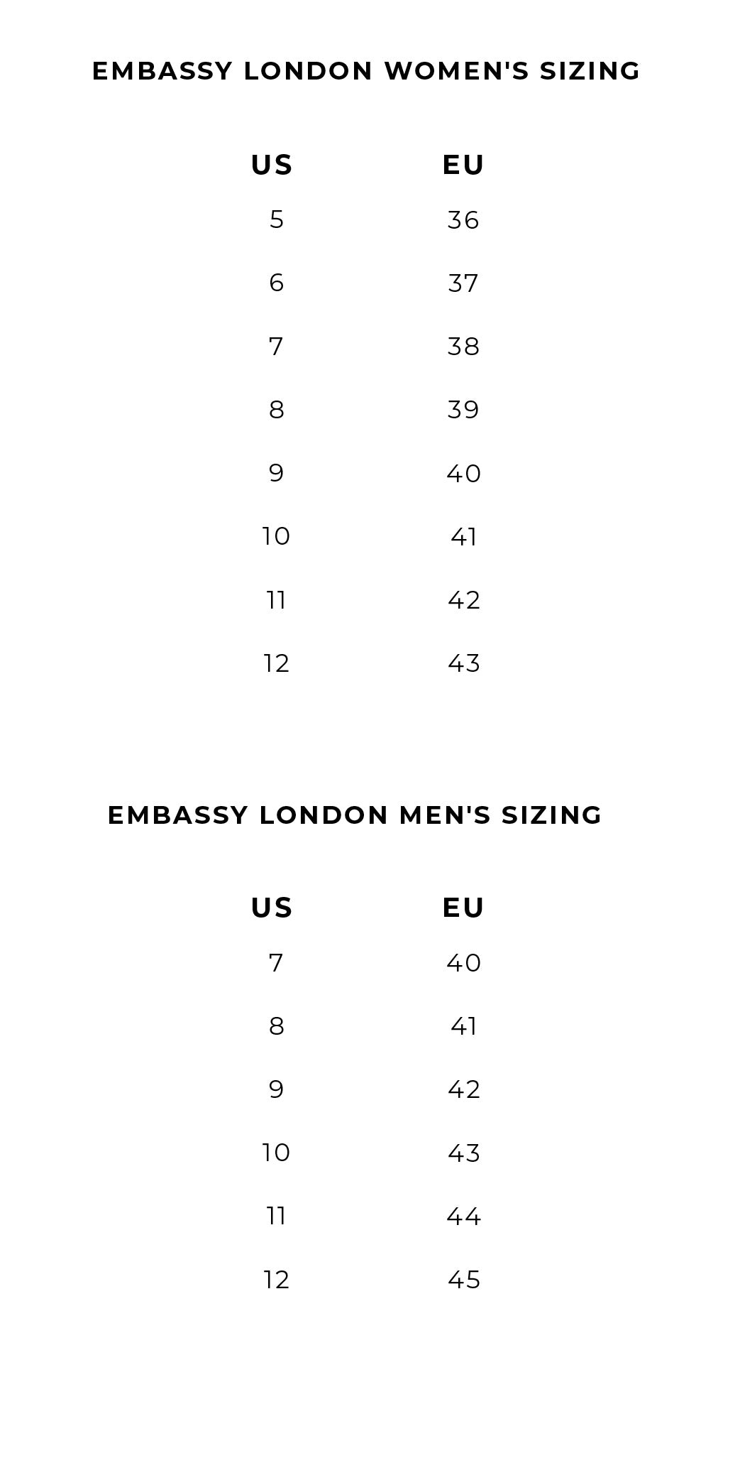 Size Guide For Shoes, Heels, Boots | Embassy London Usa
