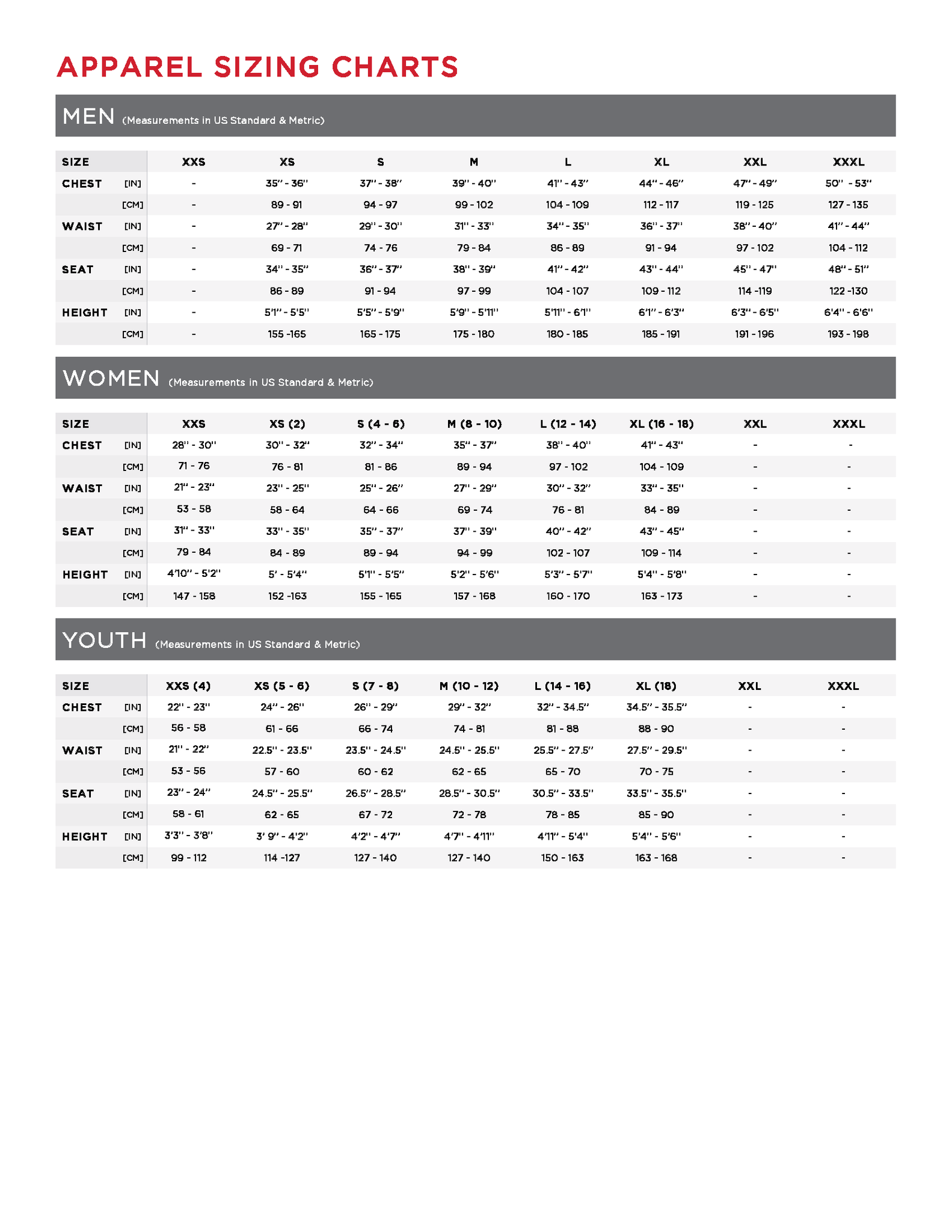 Bauer 2024 Size Chart 1 Apparel