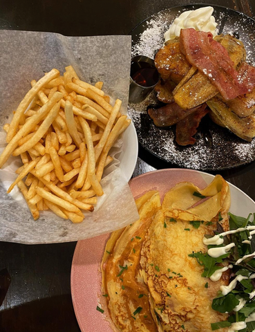 crepes, fries and french toast at Hills Cafe, Auckland