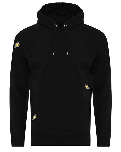 A black hoodie embroidered with bees