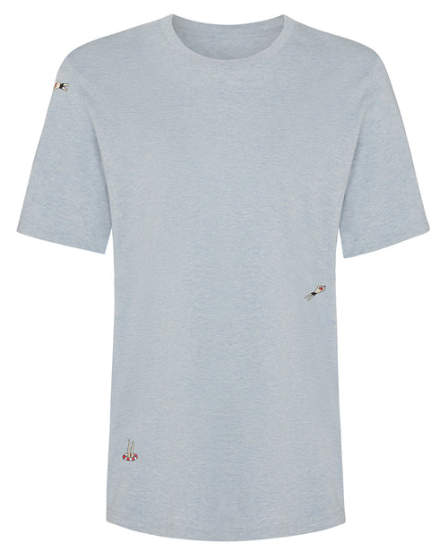 a blue t-shirt with swimmers embroidered 