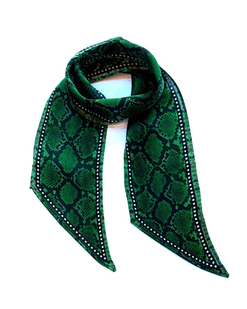 a green snake skin printed silk scarf