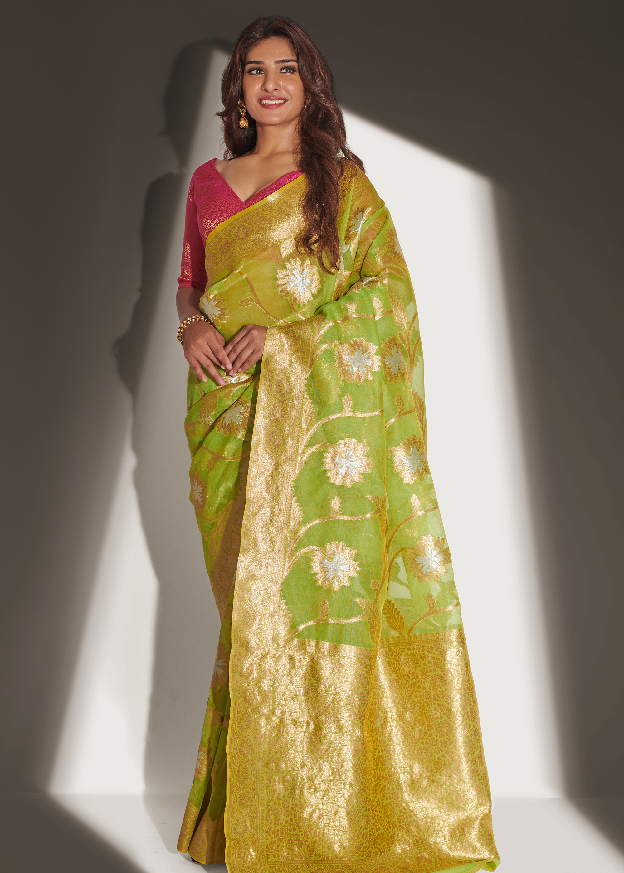 Yellowish Green Organza Weaving Saree with Hand Dyed Contrast Blouse