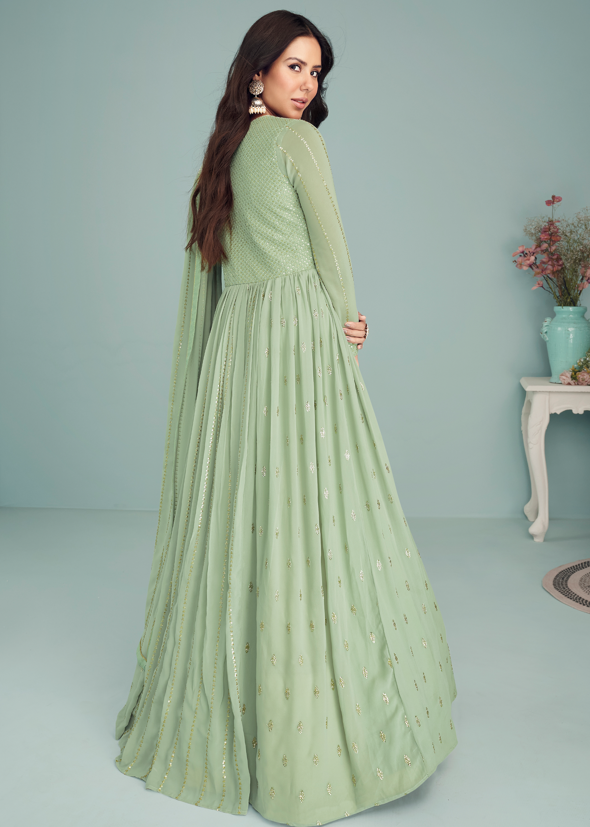 Light Green Georgette Abaya Style Anarkali Suit