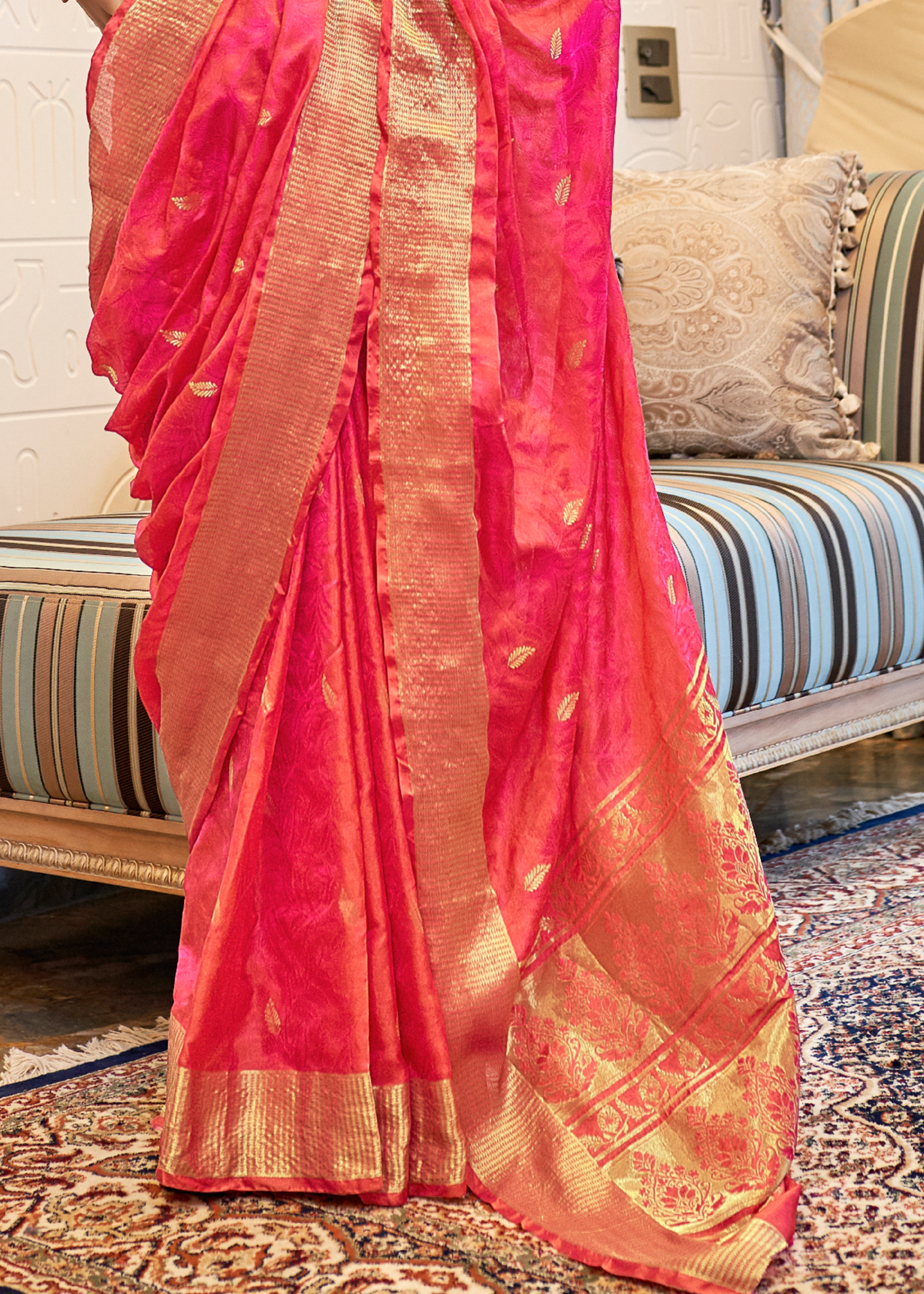 Magenta Pink Partywear Kanjivaram Saree With Zari Border And Pallu