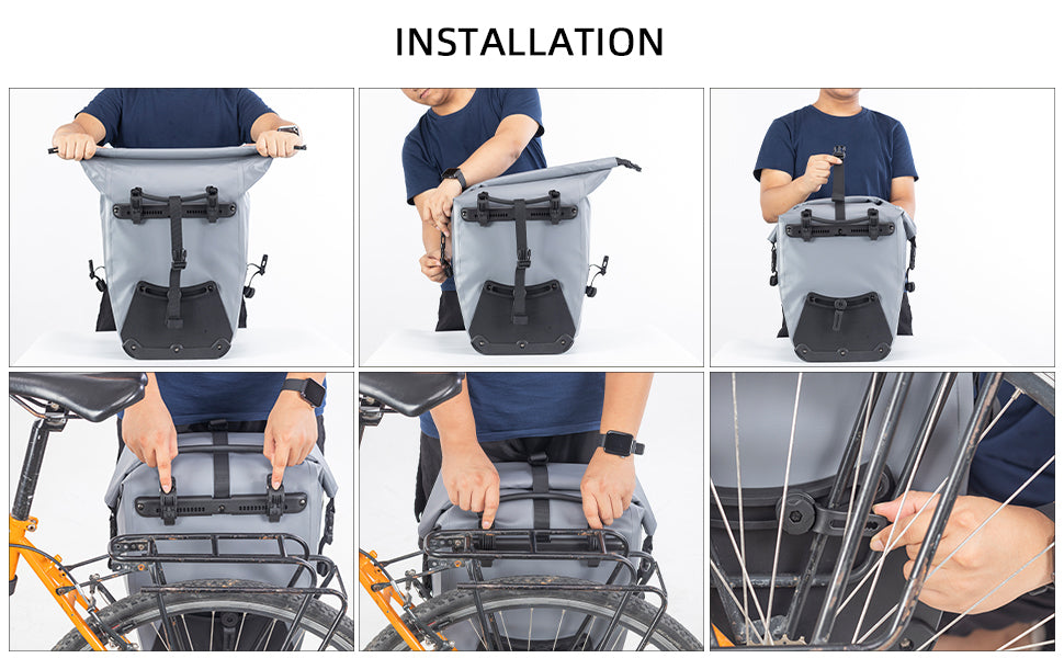 ROCKBROS Bike Pannier Bag 25L-32L 100% Waterproof Rear Rack Bike Bag Installation method