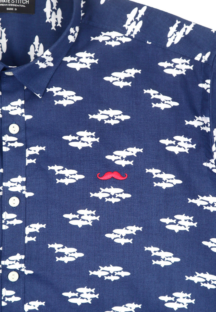 Private Stitch Signature Moustache Printed Shirt - Navy