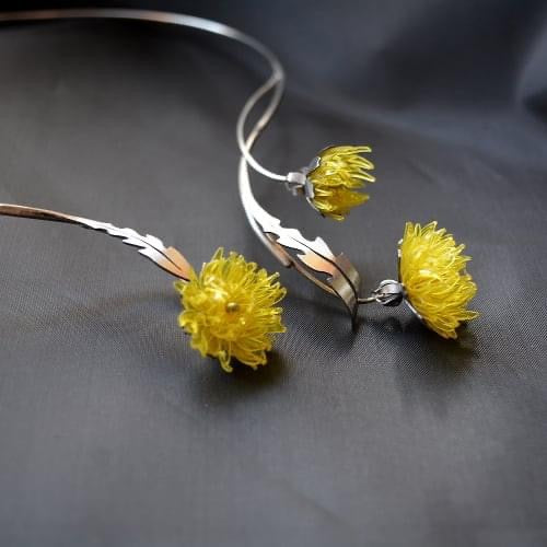 Irena Marie dandelion earrings and necklace, recycled plastic