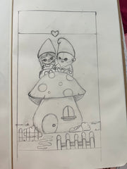 pencil sketch of a girl and boy gnome sitting on top of a mushroom cottage