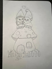 cleaned up pencil sketch of a girl and boy gnome sitting on top of a mushroom cottage