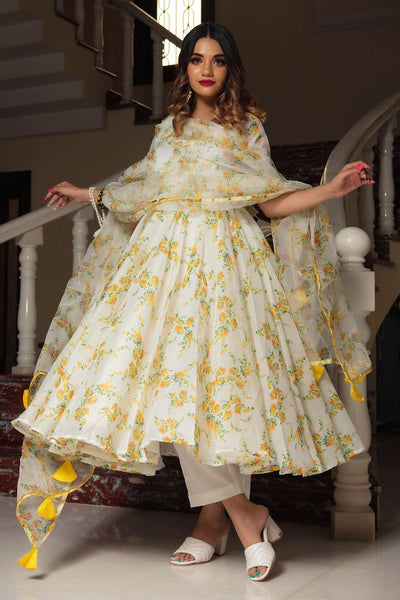 Women's Yellow Floral Organza suit set