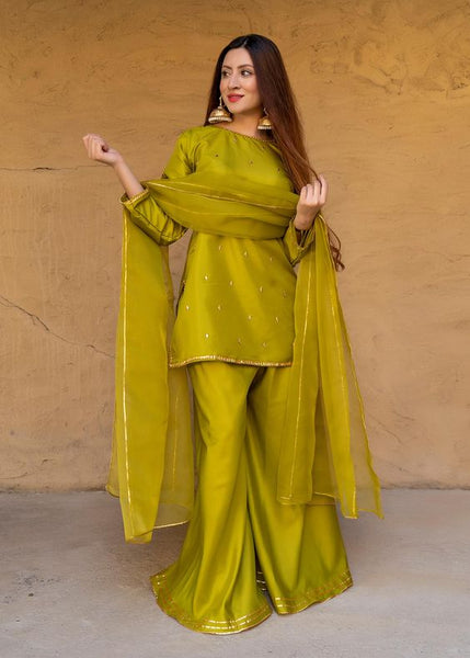 Raw Silk Fabric Green Outfit