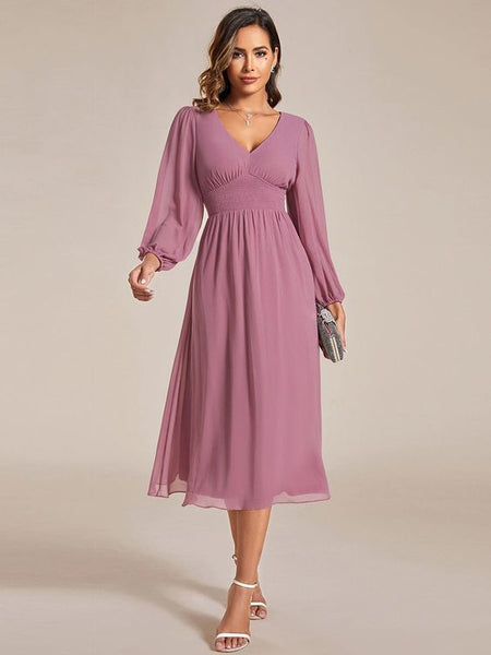 V neck full sleeves chiffon fabric dress