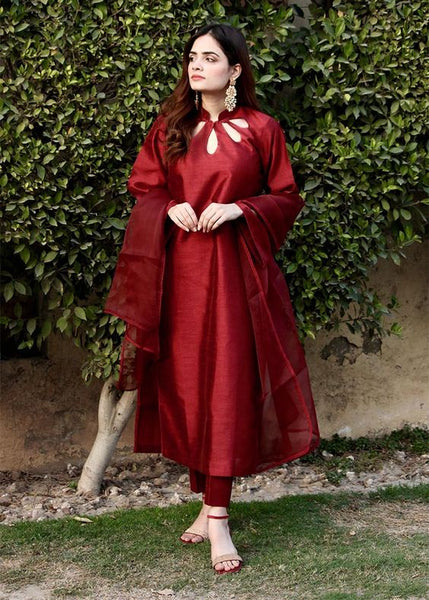 Maroon Red Raw Silk Fabric Dress