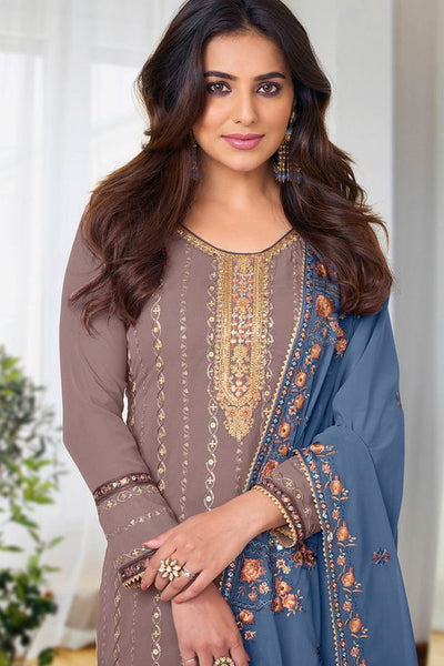 Dark Beige Color Festive Wear Embroidered Salwar Suit In Georgette Chiffon Fabric
