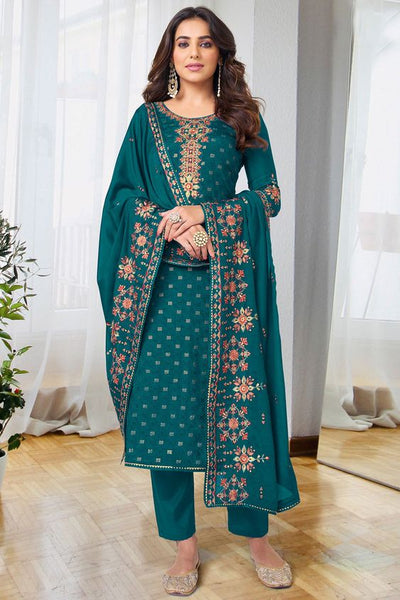 Embroidered Teal Color Salwar Kameez In Georgette Chiffon Fabric
