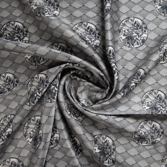 Grey Digital Print Satin Linen Fabric Trade UNO