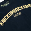 Knicks x Extra Butter x Mitchell & Ness Knickerbockers Arc Long Sleeve in Black - Close Up View of Text on Front