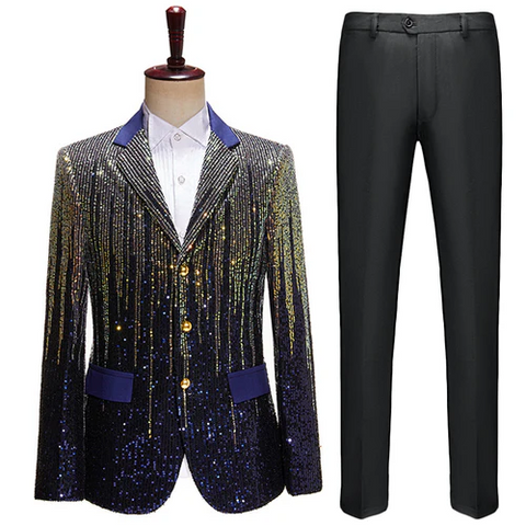 Men's glitter tuxedo gold sequin tassel navy blue dinner jacket for stage