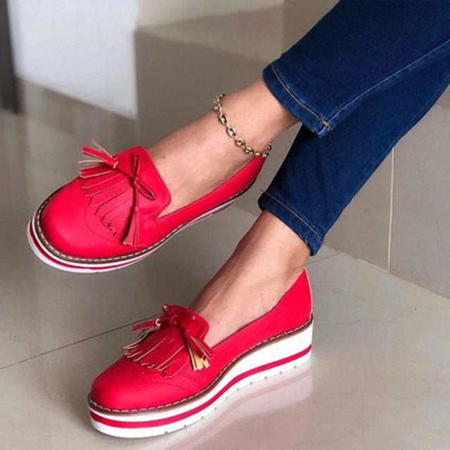 Women Tassel Bowtie Loafers Woman Slip On Sneakers Ladies Soft PU Leather Sewing Flat Platform Femal