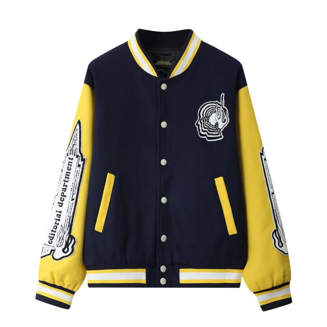 LINDSEY SEADER Men Bomber Jacket Fleece Cotton Baseball Jackets Buttons Windbreaker Embroidery Lette