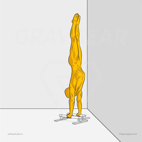 Illustration of the yellow dude mannequin doing a handstand on two long parallettes against a wall to show a chest to wall handstand hold in calisthenics