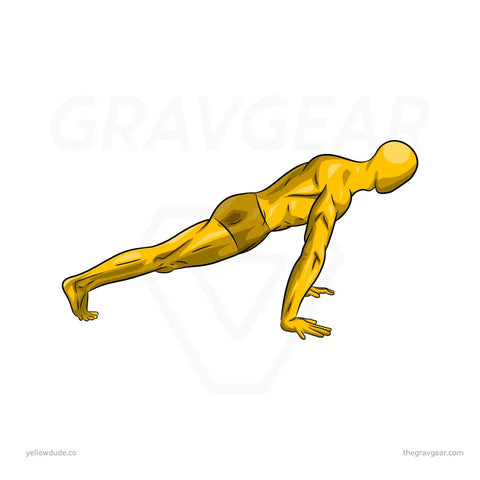 Gravgear yellow mannequin illustration demonstrating a calisthenics planche lean to help develop shoulder strength