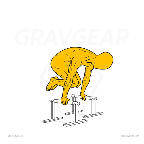 Yellow Dude Illustration by Gravgear showing how to perform a tuck planche on tall wooden parallettes to help develop shoulder strength in this calisthenics exercise
