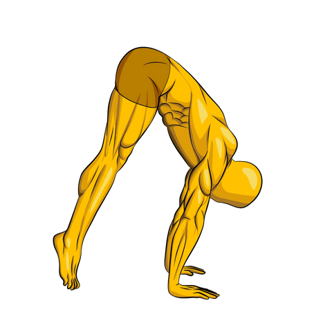 Illustration of the calisthenics Gravgear yellow dude doing a standing isometric pike press hold to develop shoulder strength