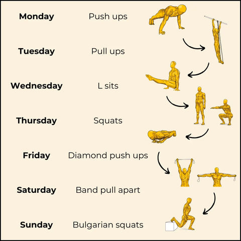 Illustration by Gravgear showing an example workout routine throughout the week targeting all the major muscle groups in calisthenics