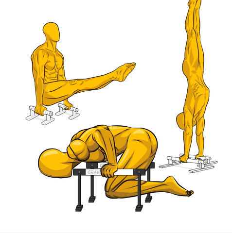 Illustration showcasing the tall parallettes, long parallettes, and mini parallettes with calisthenics exercises such as the L sit, tuck planche push up, and handstand