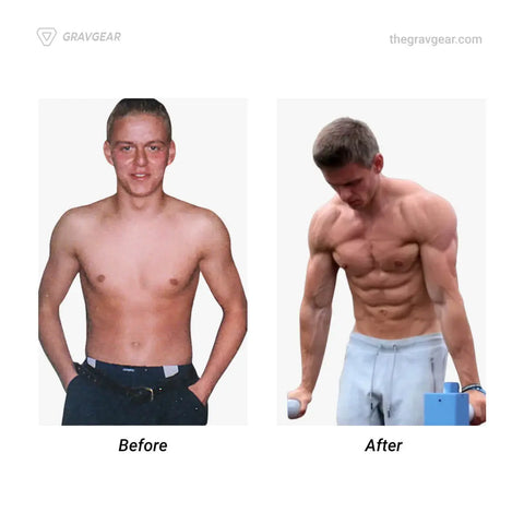 before and after transformation of a shirtless man from germany using calisthenics training to achieve his physique