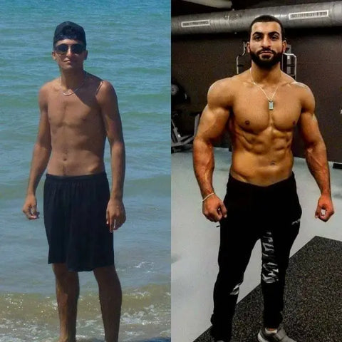 before and after transformation of an arabic man using weight training to achieve his physique