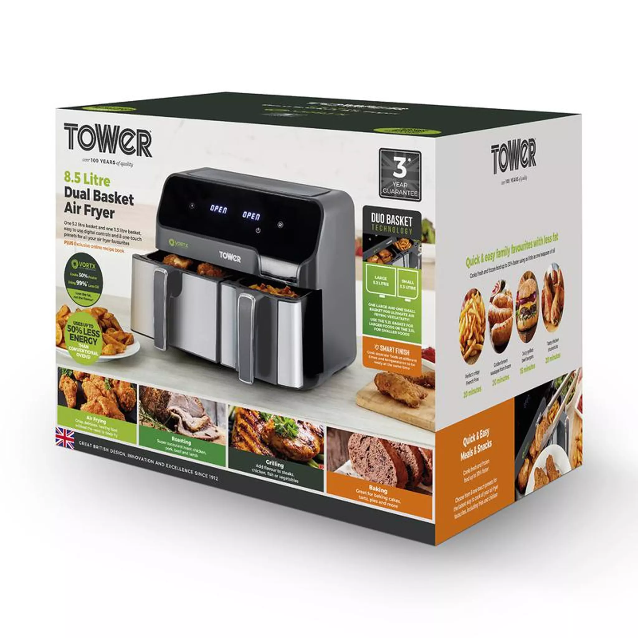 Tower Vortx 1700W 8.5L Duo Capacity Basket Air Fryer with Smart Finish - Grey | T17099