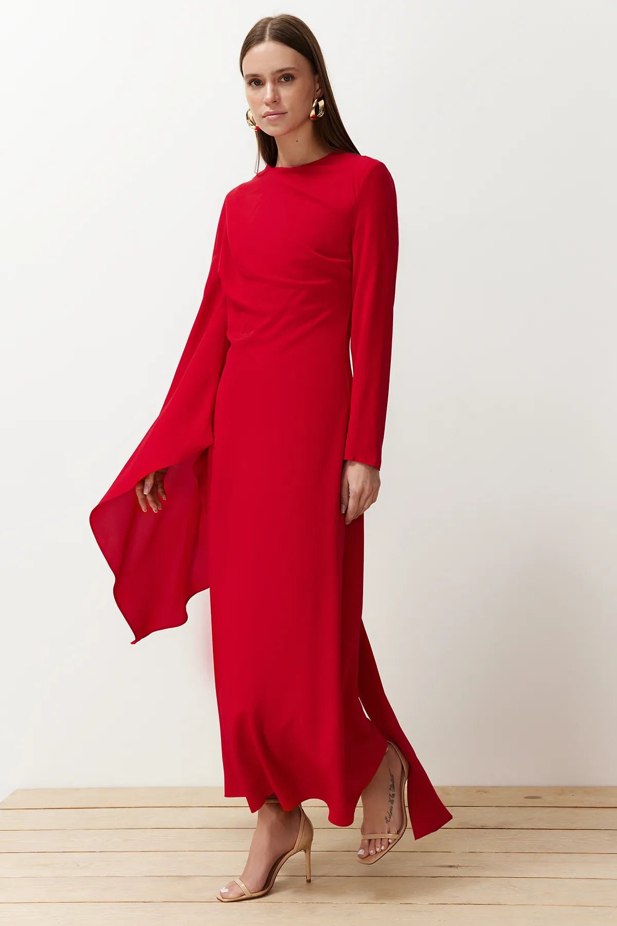 Cherry Red  Shawl-Detail Evening Dress